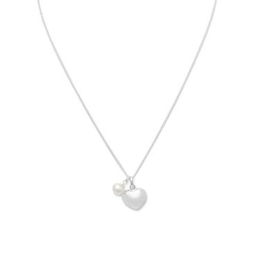 Heart and Pearl Charm Sterling Silver Necklace+