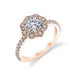 A rose gold diamond engagement ring from the Sylvie Collection featuring a floral themed milgrain accented halo mounting