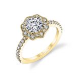 A yellow gold diamond engagement ring from the Sylvie Collection featuring a floral themed milgrain accented halo mounting