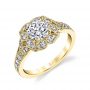 A yellow gold diamond engagement ring featuring a floral halo design