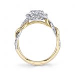 Side profile of a two-tone white and yellow gold diamond engagement ring from the Sylvie Collection featuring a twisting diamond shank and halo