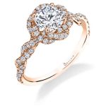 A rose gold diamond engagement ring from the Sylvie Collection featuring a twisting diamond halo and shank