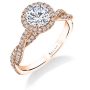 A rose gold diamond engagement ring from the Sylvie Collection featuring a twisting diamond shank accompanying a round diamond halo