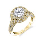 Yellow gold diamond vintage style engagement ring with a halo setting from the Sylvie Collection