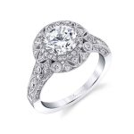White gold diamond vintage style engagement ring with a halo setting from the Sylvie Collection