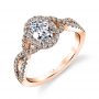A rose gold diamond engagement ring from the Sylvie Collection featuring an oval shaped diamond in the middle with an corresponding halo and a twisting diamond shank