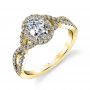 A yellow gold diamond engagement ring from the Sylvie Collection featuring an oval shaped diamond in the middle with an corresponding halo and a twisting diamond shank