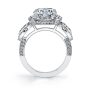 Side profile of a white gold halo accented three stone style engagement ring with from the Sylvie Collection