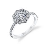 A white gold diamond engagement ring from the Sylvie Collection featuring a floral themed milgrain accented halo mounting