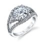 A white gold diamond engagement ring from the Sylvie Collection featuring a large round diamond with triangle cut diamonds on either side
