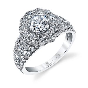 A white gold diamond engagement ring from the Sylvie Collection featuring a scalloped double halo mounting
