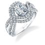 A white gold diamond engagement ring from the Sylvie Collection featuring two sets of parallel rows of diamonds and an oval cut diamond in the center