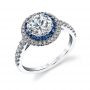 A white gold diamond engagement ring from the Sylvie Collection featuring a round center diamond with a double halo mounting using sapphires in one and diamonds in the other