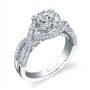 A white gold diamond engagement ring from the Sylvie Collection featuring a large round diamond inside a swirling diamond mounting