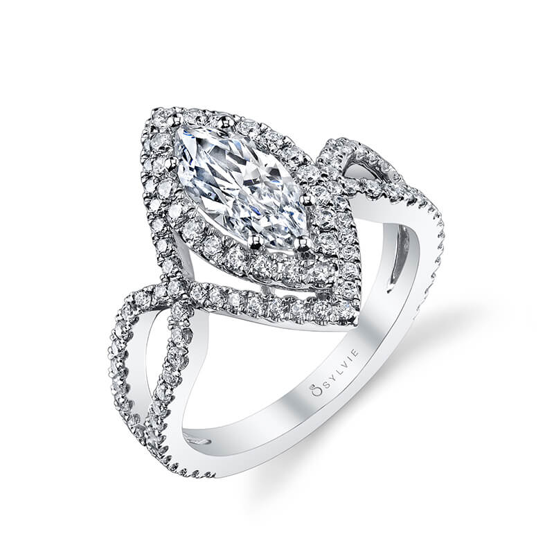 A white gold diamond engagement ring from the Sylvie Collection featuring a double marquise shaped double halo around a marquise cut diamond