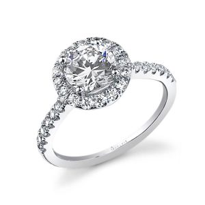 A white gold diamond engagement ring from the Sylvie Collection featuring a classic halo around a round diamond