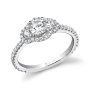 A white gold diamond engagement ring from the Sylvie Collection featuring a diamond halo around three prominent diamonds