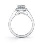 Side profile of a white gold diamond engagement ring from the Sylvie Collection featuring a milgrain accented halo around a brilliant cut diamond