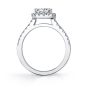 Side profile of a white gold diamond engagement ring from the Sylvie Collection featuring a princess cut diamond in a square halo mounting