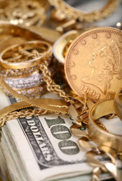 Gold coins and jewelry with $100 bills, Gold Prices