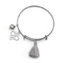 Silver tone fashion bangle bracelet with silver tassel and infinity charm