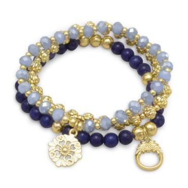 Blue Agate and Gold Stretch Bracelet Set