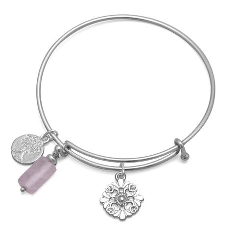 Silver tone fashion bracelet with tree and rose quartz charms