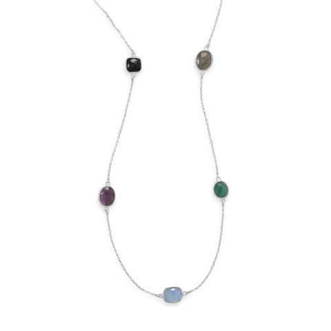 Long sterling silver necklace with five different semi-precious stones